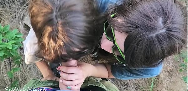 Outdoor Blowjob, Cum in mouth, Сum kissing girls - Threesome ffm Amateur Step Sisters Moore